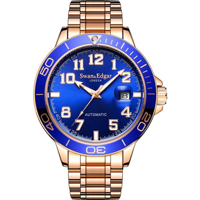 Swan & Edgar Rose Gold Hand Assembled Conquest Automatic Watch 43mm - Blue (*)
