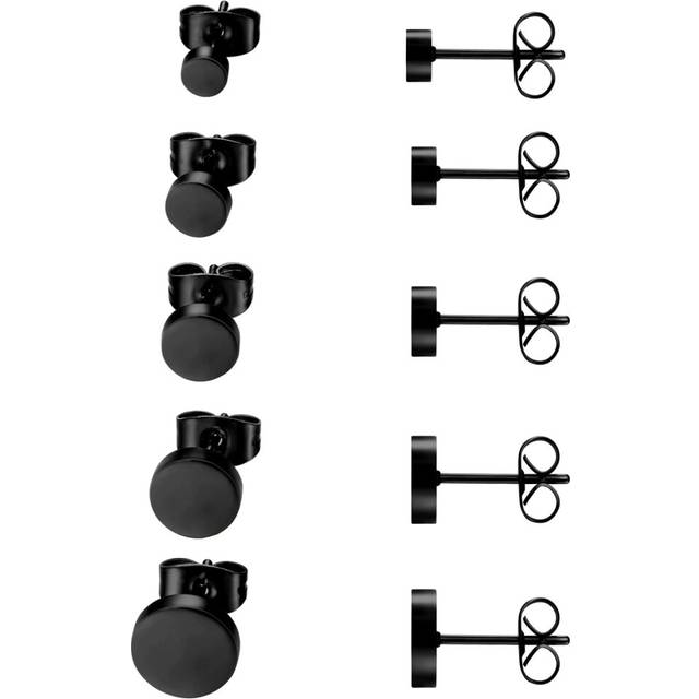 5 Pairs Stud Earrings Set, Stainless Steel Polished Round Flat Earrings for Women and Men - Black