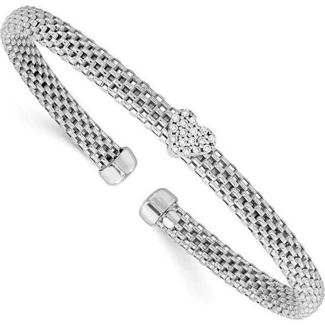 Sterling Silver Rhodium-Plated Polished CZ Heart Mesh Cuff Bangle Bracelet