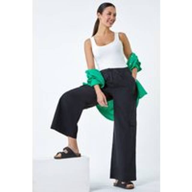 Roman Womens Elastic Waist Cotton Wide Leg Cargo Trousers - Black - Size 12 UK