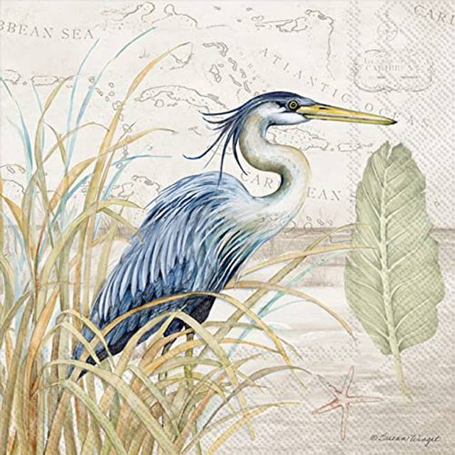 "IHR Ideal Home Range Cocktail Napkins Disposable 3-Ply Paper Party Napkin Pack  5"""""""" x 5""""""""  Blue Heron On Grass  20-Count"