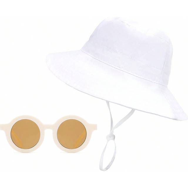 2 st babysolhattar med glasögon i ett set, snabbtorkande hink, andningsbar barnsolhatt, babybassänghatt, strandsolskyddande fiskarhatt - Vitt (M,S,XS)