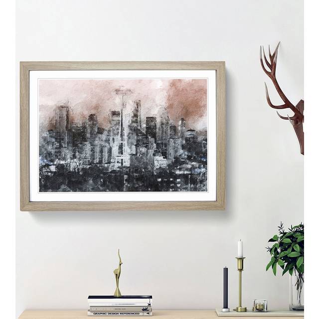 Seattle Washington Skyline in Abstract - Picture Frame Painting Print - Oak Framed (36cm H x 48cm W x 2cm D)