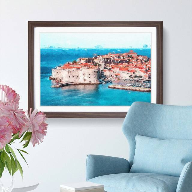 Ancient City Walls of Dubrovnik in Croatia - Picture Frame Painting Print on Paper - Walnut Framed (33cm H x 45cm W x 2cm D)