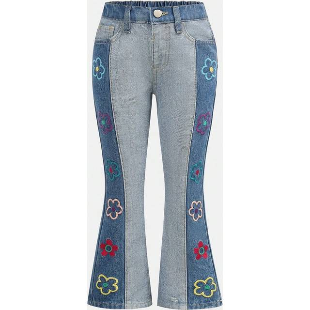 Young Girl&#39;s Street Söt Casual broderiapplikationer och färgblock utsvängda jeans med dopaminplåster - Multifärgad (6Y,7Y,4Y,5Y)