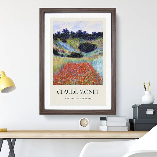 Poppy Field in a Valley Print by Claude Monet - Picture Frame Painting - Walnut Framed (65cm H x 48cm W x 2cm D)