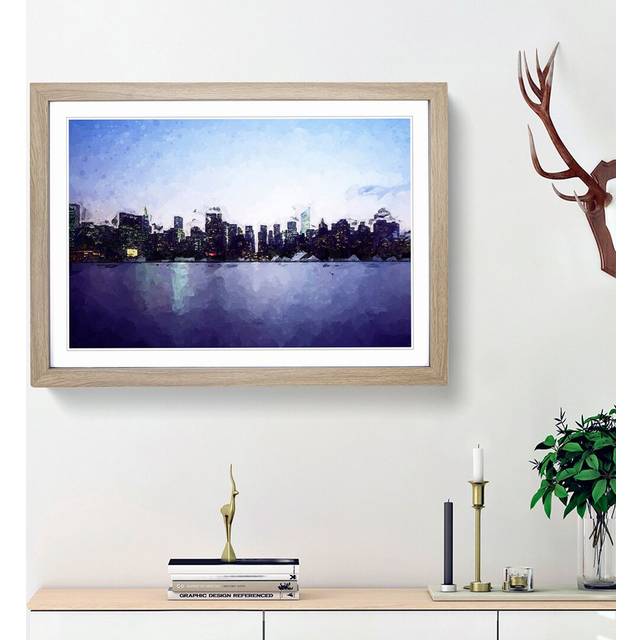 Skyline of New York at Night in Abstract - Picture Frame Graphic Art Print - Oak Framed (36cm H x 48cm W x 2cm D)