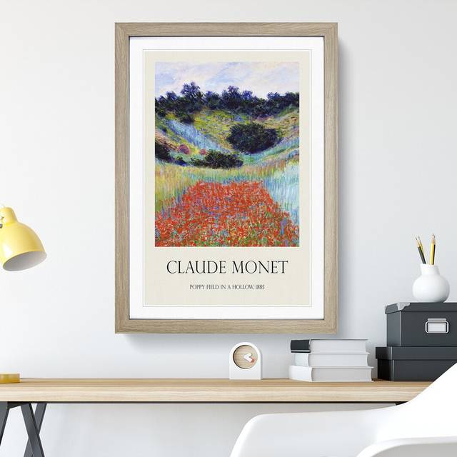 Poppy Field in a Valley Print by Claude Monet - Picture Frame Painting - Oak Framed (48cm H x 36cm W x 2cm D)