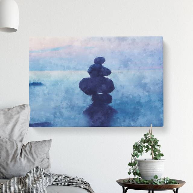 Balancing Zen Stones Upon A Lake Painting - Wrapped Canvas Graphic Art (50cm H x 76cm W x 3cm D)