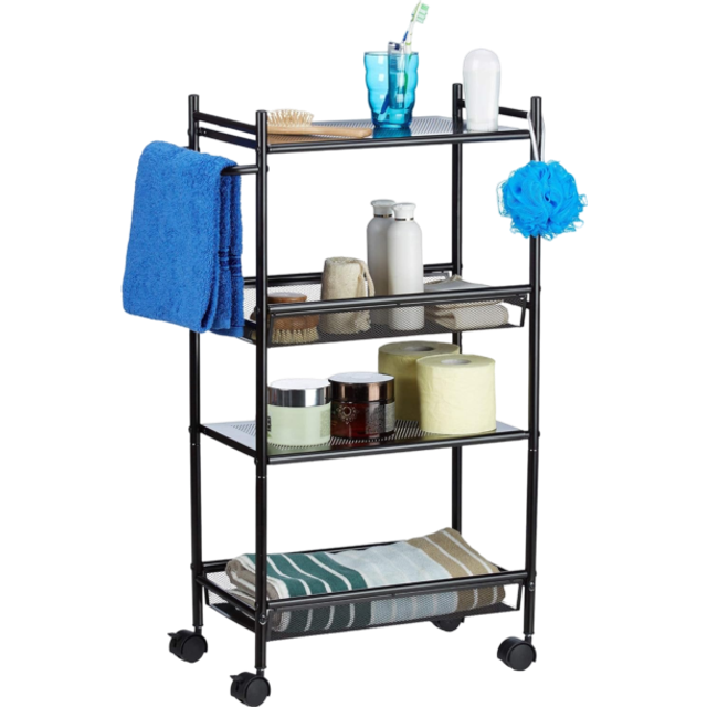 Metal Serving Cart, 4-Tier Kitchen Trolley, Office Rack with Wheels HxWxD: 81 x 26 x 50 cm, Black - Relaxdays