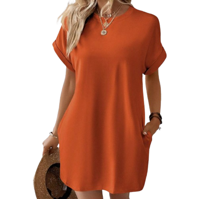 INAWLY Solid Batwing Sleeve Hidden Pocket Tee Dress