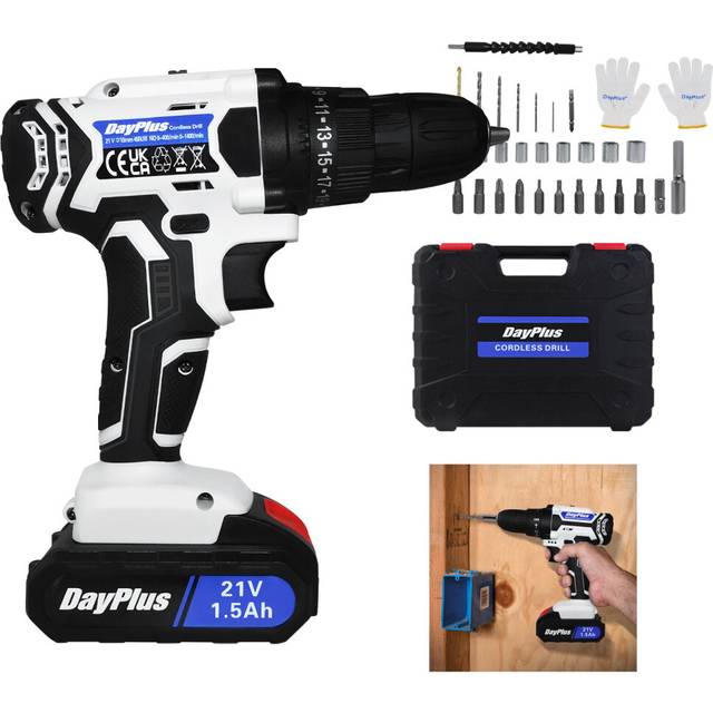 (1 x 1.5Ah Battery) Cordless Combi Drill Set 21V Electric Drill 25+1 Torques Powerful Drill Driver with Case and 26pcs Accessories