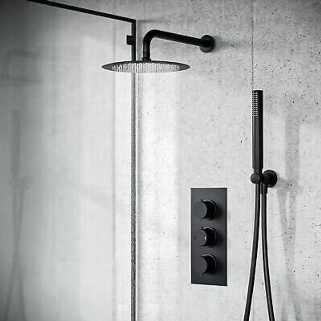 Round Black Matte Thermostatic Concealed Shower, Head and Hand Held Set - One Size