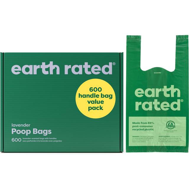 earth rated Jordklassade hundbajspåsar med handtag värdepaket, enkel knytning och garanterad läckagesäker, lavendel, 600 handtagsväskor
