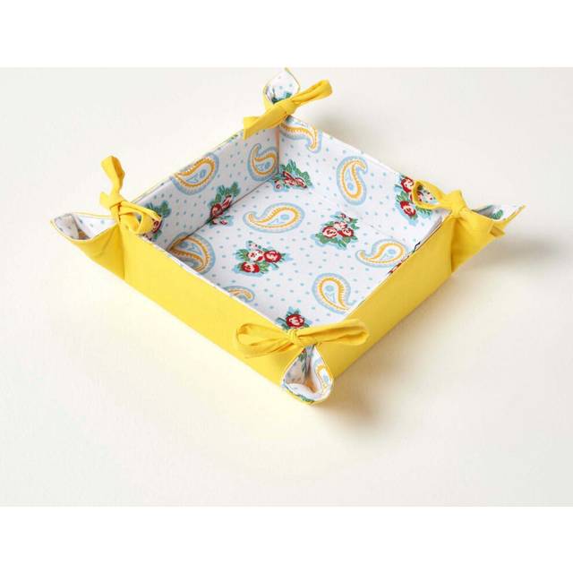 Reversible Fabric Bread Basket Paisley & Dots Foldable Basket - Yellow
