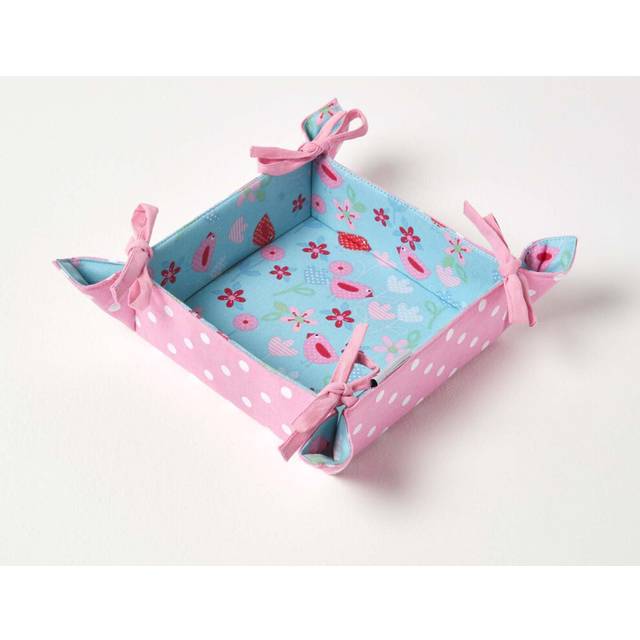 Reversible Fabric Bread Basket Birds & Flowers Foldable Basket - Blue
