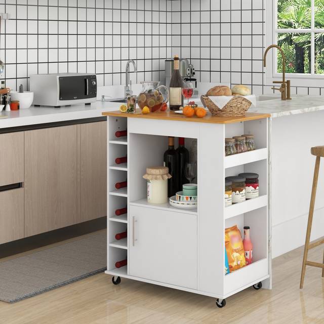 Rolling Kitchen Island Kitchen Cart w/ Wine Racks Push Handle &Towel Rack