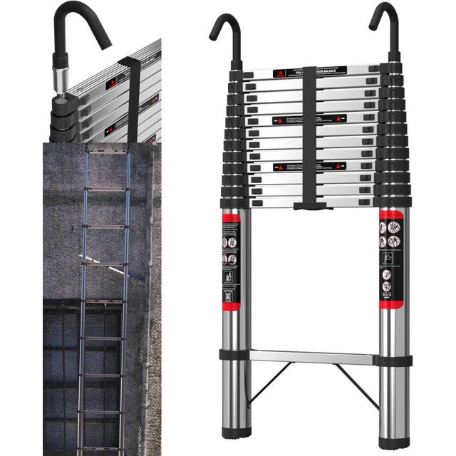 (4.4M) Telescopic Extension Ladder Stainless Steel with Hook for Reach Loft Roof Extendable Heavy Duty Up to 330lbs EN131 Safety Approved