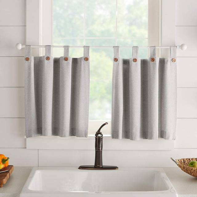 Elrene Home Fashions Tucker Solid Button Tier Window Curtains for Kitchen or Bathroom  30 Inches by 24 Inches  Grey  Set of 2