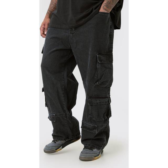 Mens Charcoal Plus Relaxed Fit Acid Wash Cargo Jeans