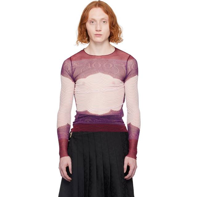 Jean Paul Gaultier Burgundy Sheer Long Sleeve T-Shirt - 300128-RED/WHITE/BUR - XXS