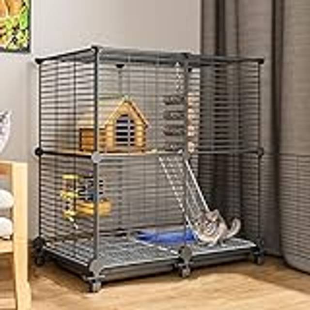 Kaninbur - Iller Chinchillabur, råttburar och livsmiljöer Smådjursbur Husdjurshus för marsvin Chinchillabur på hjul, avtagbart trådnät (svart 75 * 39 * 76 cm)