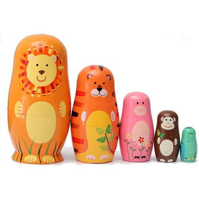 Set of 5 Cute Wooden Nesting Dolls Matryoshka Animal Russian Doll