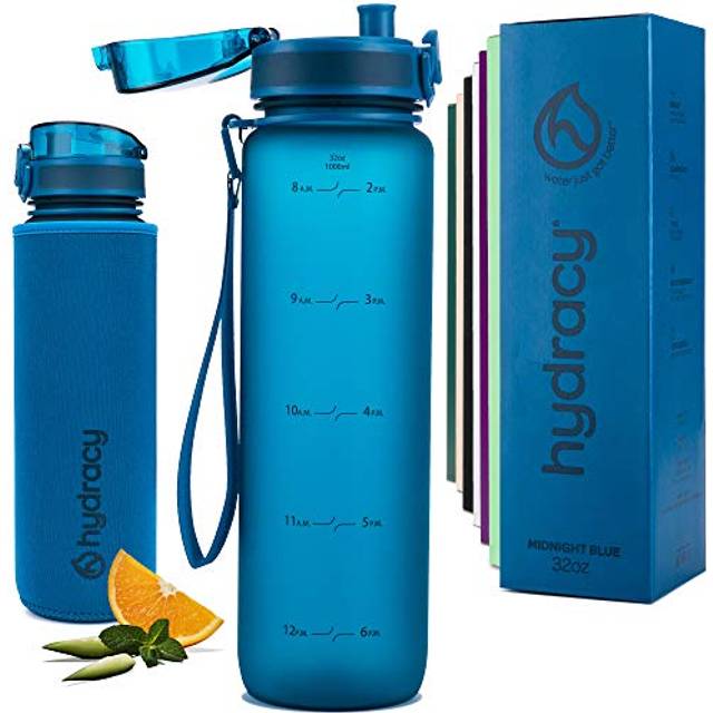 Hydracy Drickflaska med insats och tidsmarkering – 1 liter BPA-fri läckagesäker sportflaska – kondensfri vattenflaska – perfekt för sport och utomhusaktiviteter – midnattsblå
