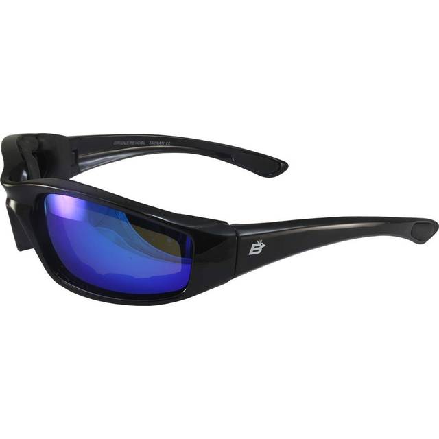 Birdz Eyewear Oriole Padded Motorcycle Riding Sunglasses Gloss Black Frames Blue Mirror Lenses