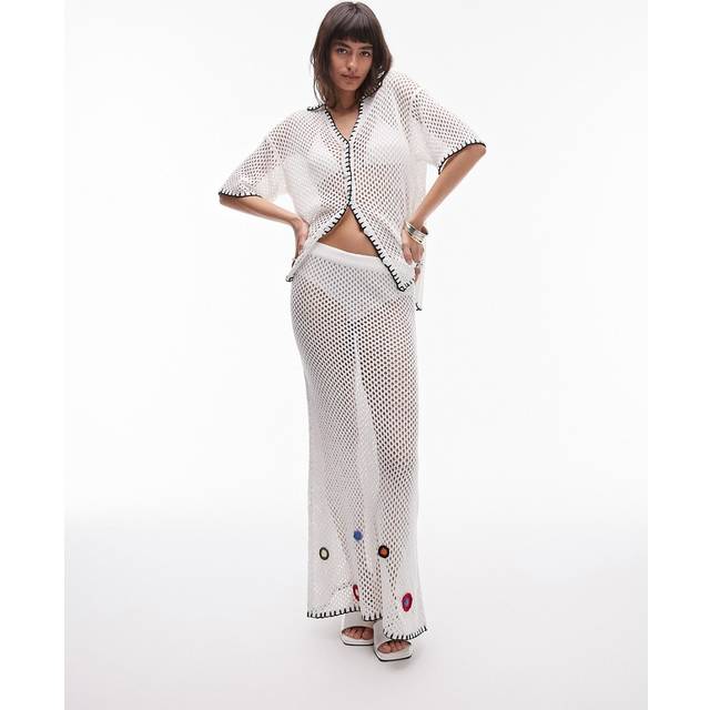 Topshop – Gräddvit stickad maxikjol med blommor, del av set-Vit/a