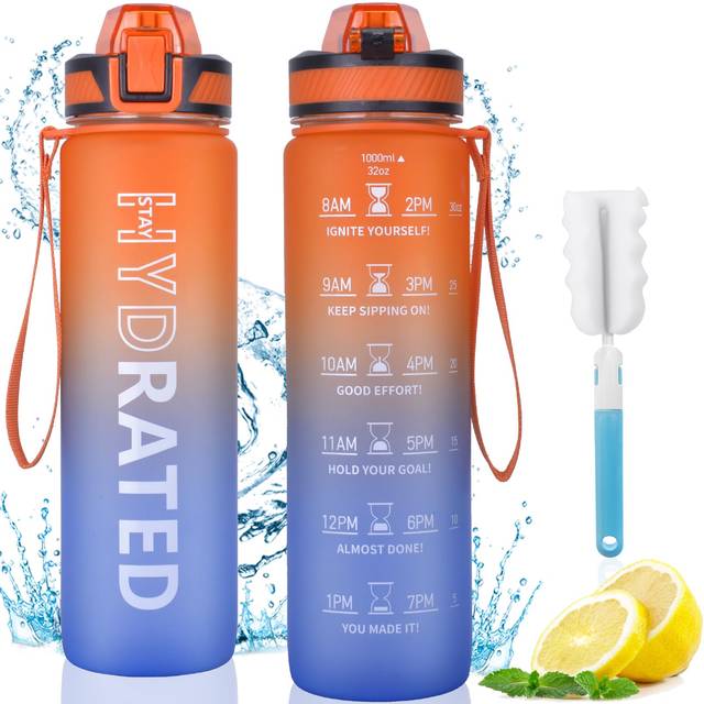 QLUR Vattenflaska, 1 Liter/750 ml Sport Vattenflaska med Sugrör och Tidsmarkering, Tritan Läckagesäker Sportflaska Fri från BPA, Lämplig för Träning, Camping, Yoga