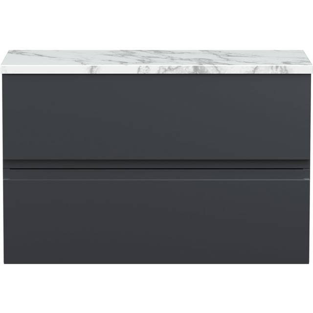 Urban Wall Hung 2-Drawer Vanity Unit with Carrera Marble Worktop 800mm Wide - Satin Anthracite - Hudson Reed