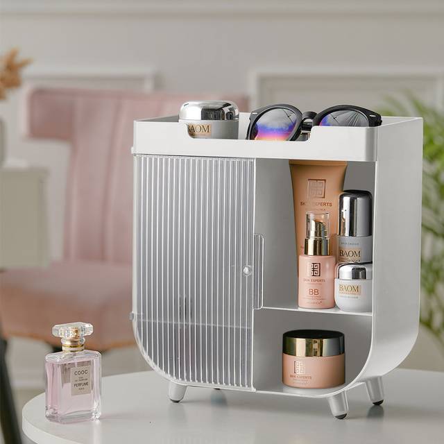 Desktop Makeup Organizer with Magnetic Door - White (29cm H X 27cm W X 14cm D)