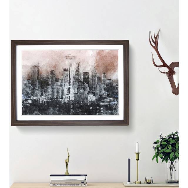Seattle Washington Skyline in Abstract - Picture Frame Painting Print - Walnut Framed (48cm H x 65cm W x 2cm D)