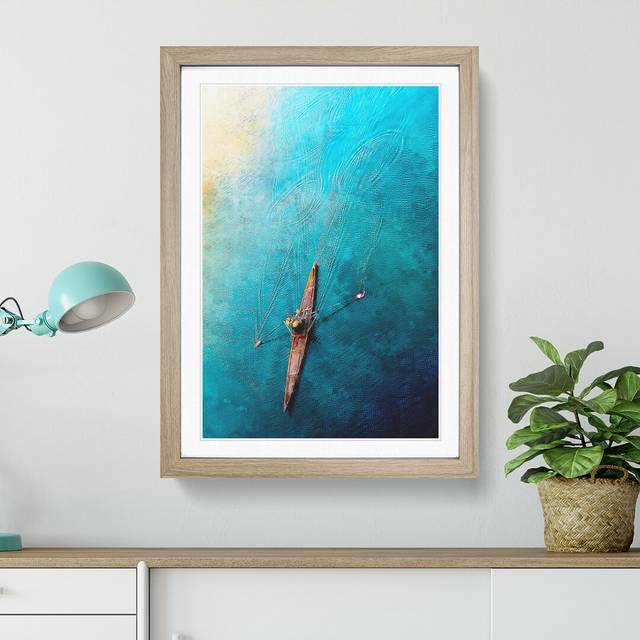 Single Scull Rowing Boat Painting - Picture Frame Graphic Art - Oak Framed (87cm H x 62cm W x 2cm D)
