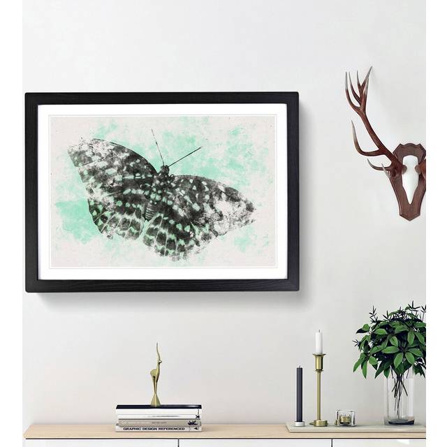 Mint Green Butterfly Art Watercolour - Picture Frame Graphic Art Print - Black Framed (33cm H x 45cm W x 2cm D)