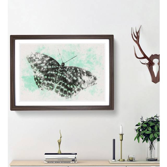 Mint Green Butterfly Art Watercolour - Picture Frame Graphic Art Print - Walnut Framed (62cm H x 87cm W x 2cm D)