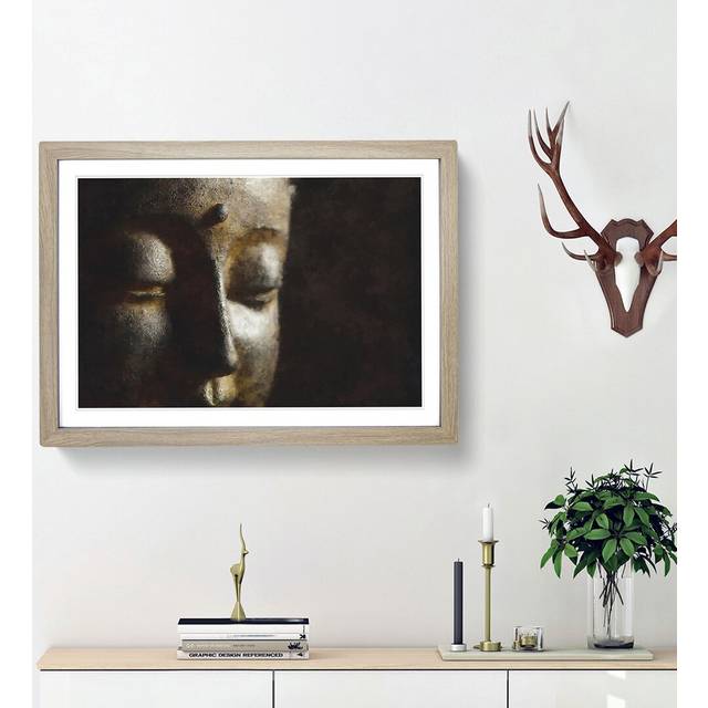Golden Buddha Statue - Picture Frame Graphic Art Print - Oak Framed (24cm H x 33cm W x 2cm D)