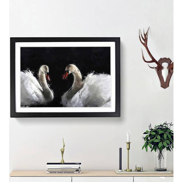 A Pair of White Swans in Abstract - Picture Frame Painting Print - Black Framed (48cm H x 65cm W x 2cm D)