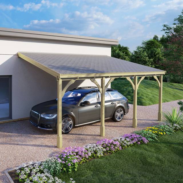 Bardhyl Wooden Carport Canopy - Felt Shingle Roof - Grey (300cm H X 578cm W X 300cm D)