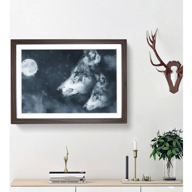Wolves in the Moonlight - Picture Frame Painting Print - Walnut Framed (36cm H x 48cm W x 2cm D)