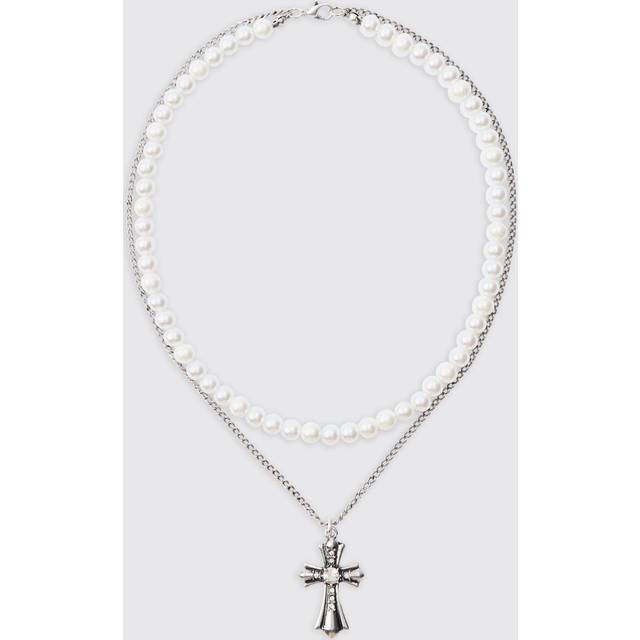 Pearl & Chain Necklace With Cross Pendant In Silver - Grey - One Size