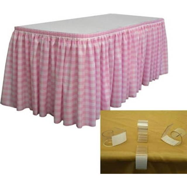 LA Linen Polyester Gingham Checkered Table Skirt 21-Foot by 29-Inch Long with 15 L-Clips  White and Pink