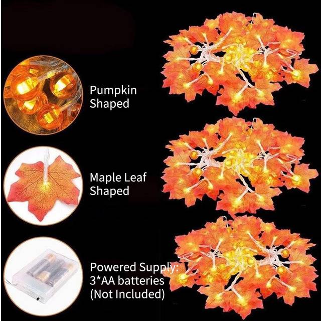 33FT 80LEDs Halloween Fairy String Lights Pumpa Lönnblad Formade dekorativa hängande lampor Varma Type 2