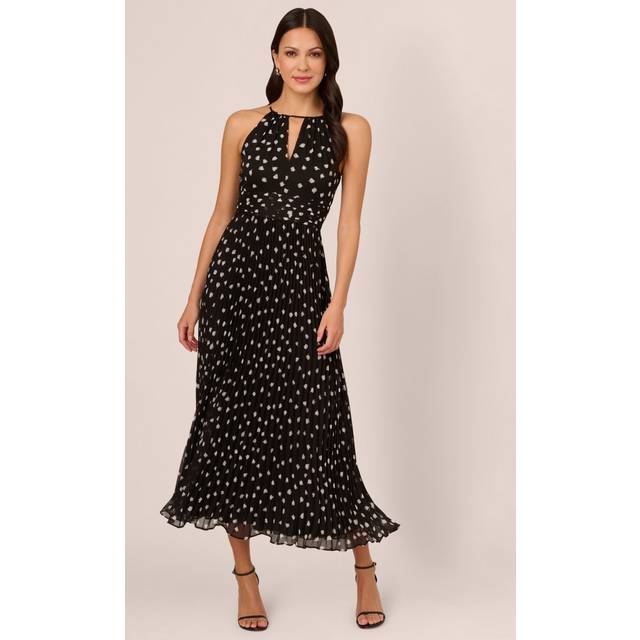 Adrianna Papell Print Pleat Ankle Dress - Black/ivory