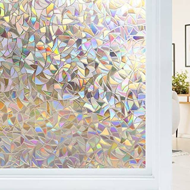 Window Privacy Film, Non-Adhesive Static Window Cling, 3D Decorative Rainbow Window Decals, Removable Window Glass Vinyl, Anti-UV Window Sticker Cover