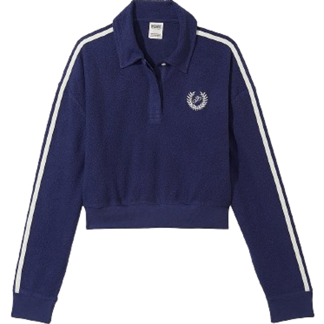 Victorias Secret PINK Midnight Navy Blue Reverse Fleece Polo Sweatshirt - midnight navy blue reverse fleece - LARGE