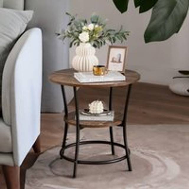 Industrial Round Coffee Table With 2 Shelves - Brown - One Size