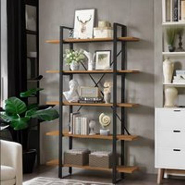 Industrial 5 Tier Rustic Brown Bookcase - Brown / Medium