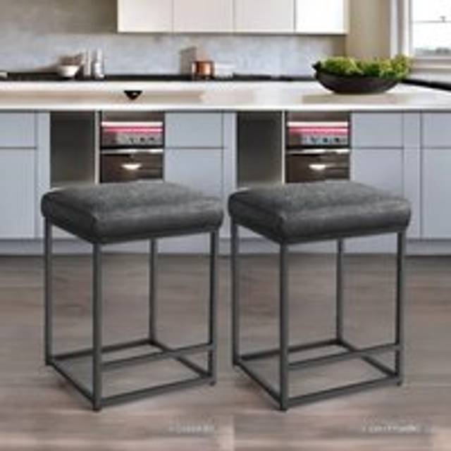 Set Of 2 Faux Leather Low Bar Stools With Footrest - Black - One Size